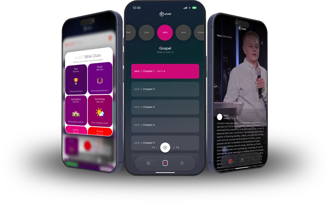 Three phones showing the Quiver app: Bible clubs, the audio player and a sermon